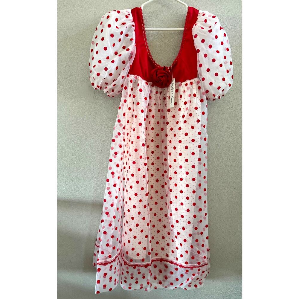 NEW For Love & Lemons Rhoda Midi Dress Red White Womens Size XS Sheer Puff Rose